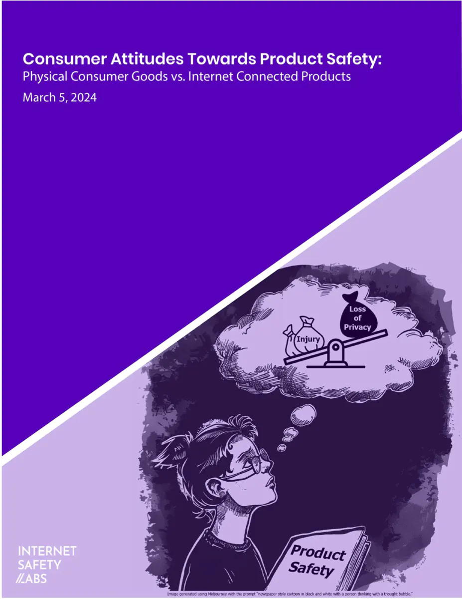 Cover of Report Consumer Attitudes Towards Product Safety: Physical Consumer Goods vs. Internet Connected Products showing someone holding a book with the title Product Safety and a thought bubble showing a teeter totter with injury on one side and loss of privacy on the other, with loss of privacy higher in the air signifying it has less weight