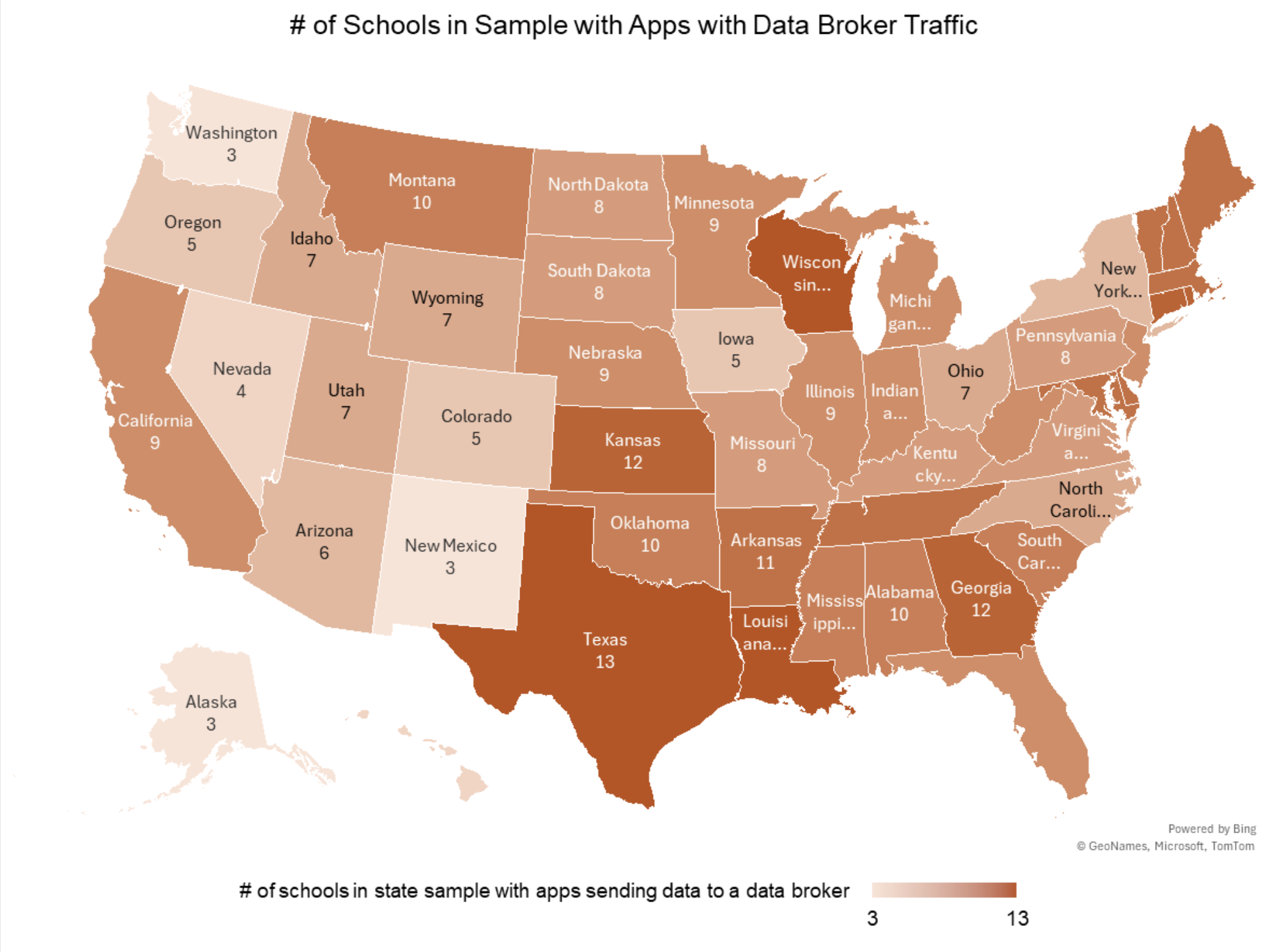 A picture of the US with the number of schools in sample with apps with data broker traffic by shade of auburn. 