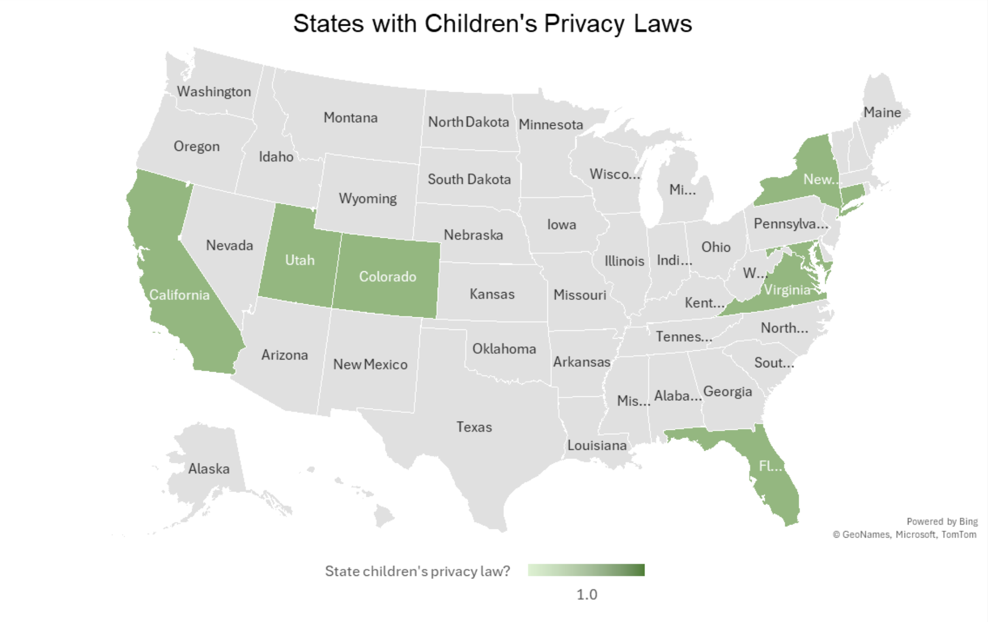 USA map depicting states with children's privacy laws.