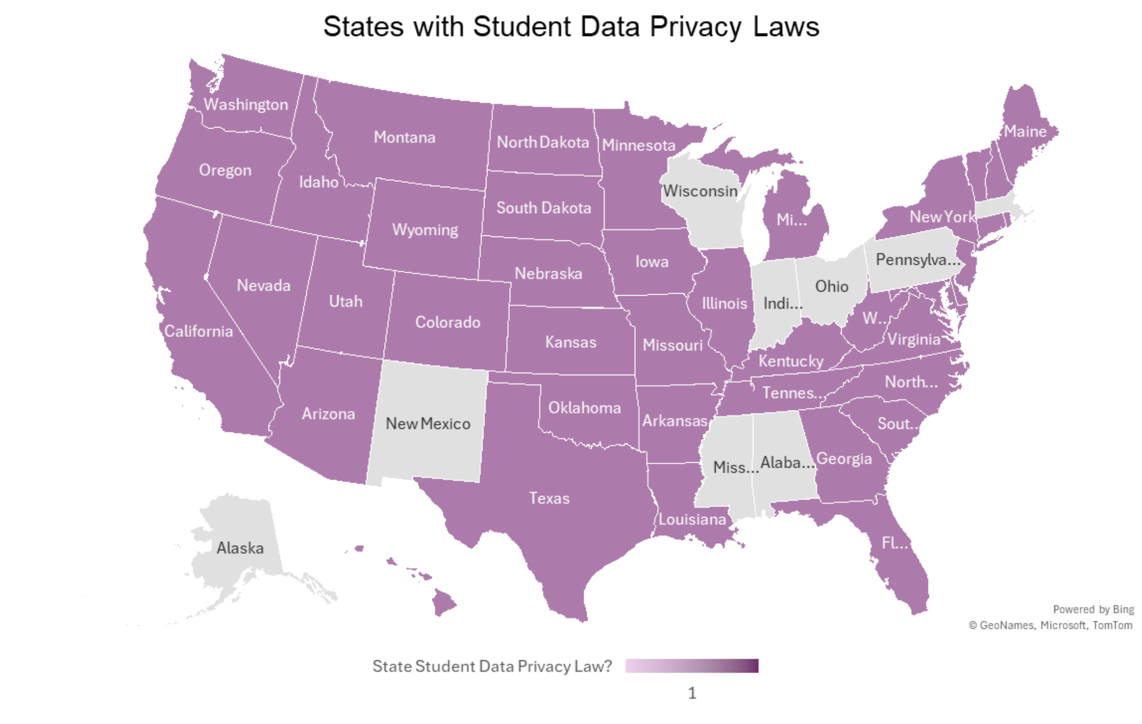 A USA map depicting states with student data privacy laws in shades of magenta.