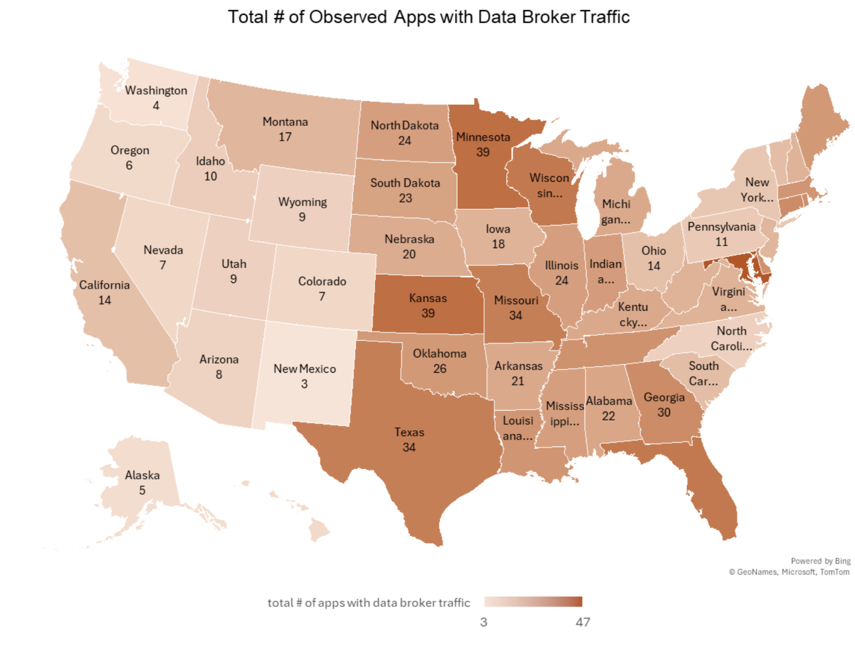 USA Map illustrating the total number of apps with data broker traffic by state in shades of auburn.