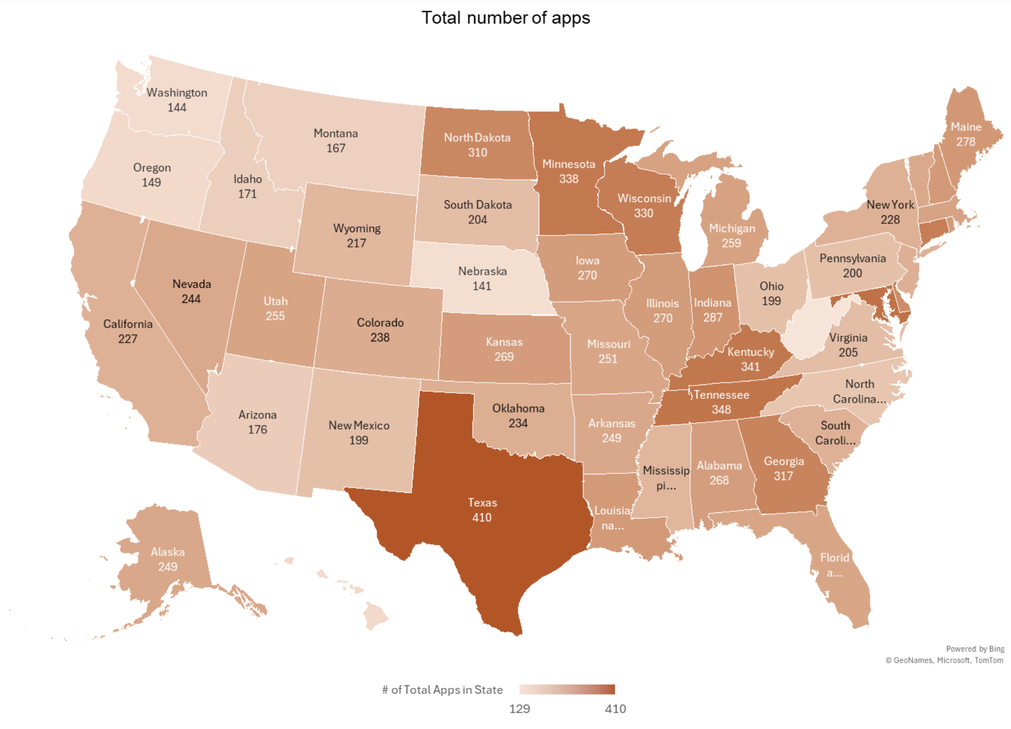 Total number of apps per state in shades of auburn.