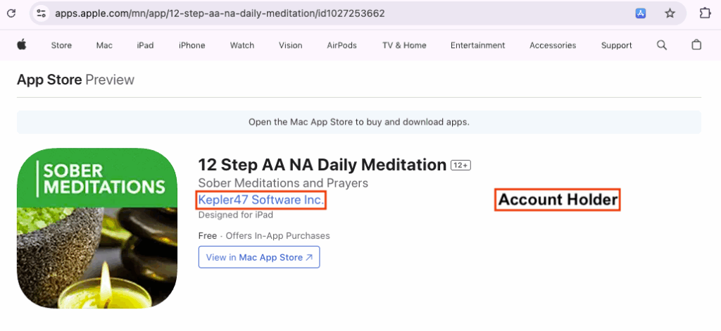 Screenshot of 12 Step AA NA Daily Meditation App Header in Apple App Store