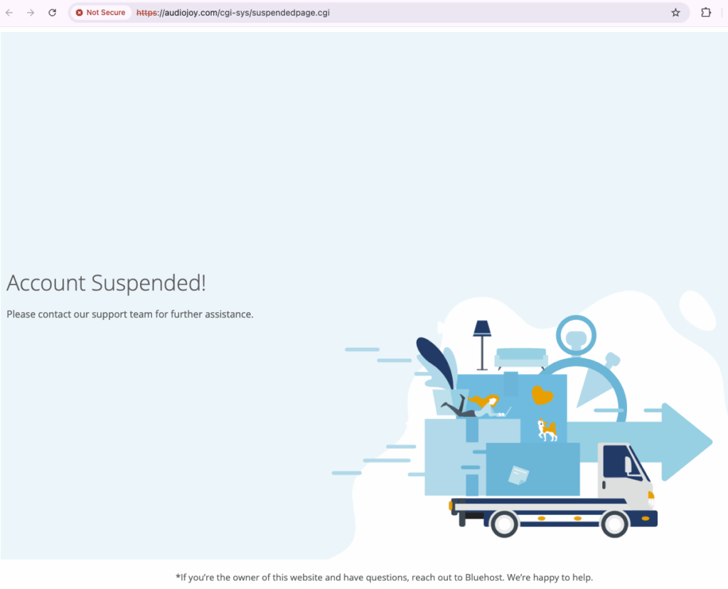 Screenshot of suspended link from Audio Joys app