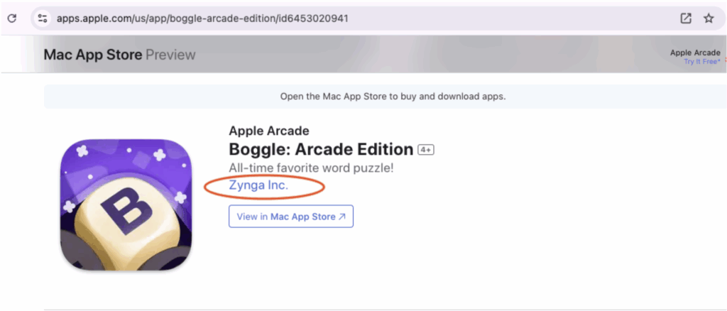 Screen shot of the Boggle Arcade Edition app taken from the Apple App Store