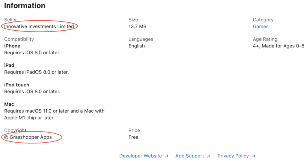 Screenshot of the information section of the Count Money and Coins App from the Apple App Store