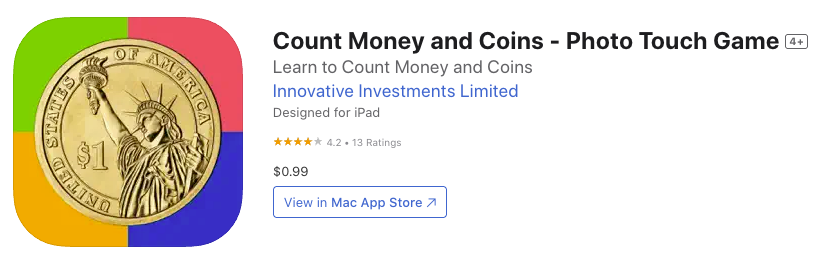 Screenshot of the Count Money and Coins app listing in the Apple App Store.