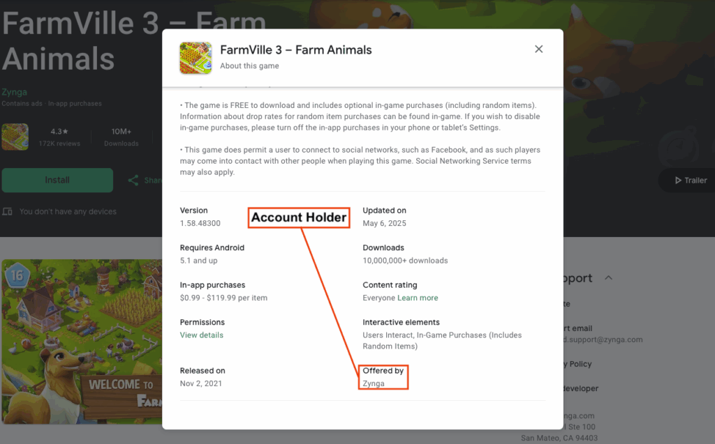 Screenshot of the Farmville3 app information in the Google Play store