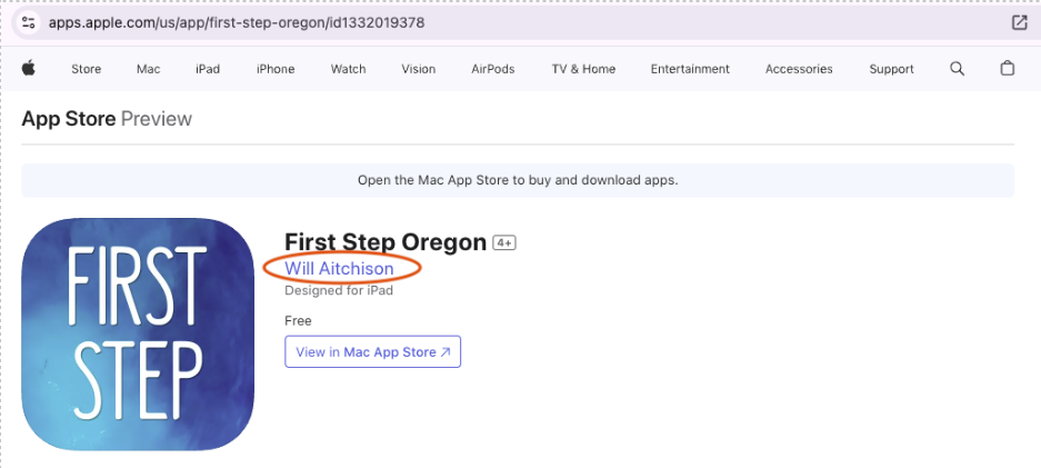 A screenshot of the First Step Oregon App in Apple App Store