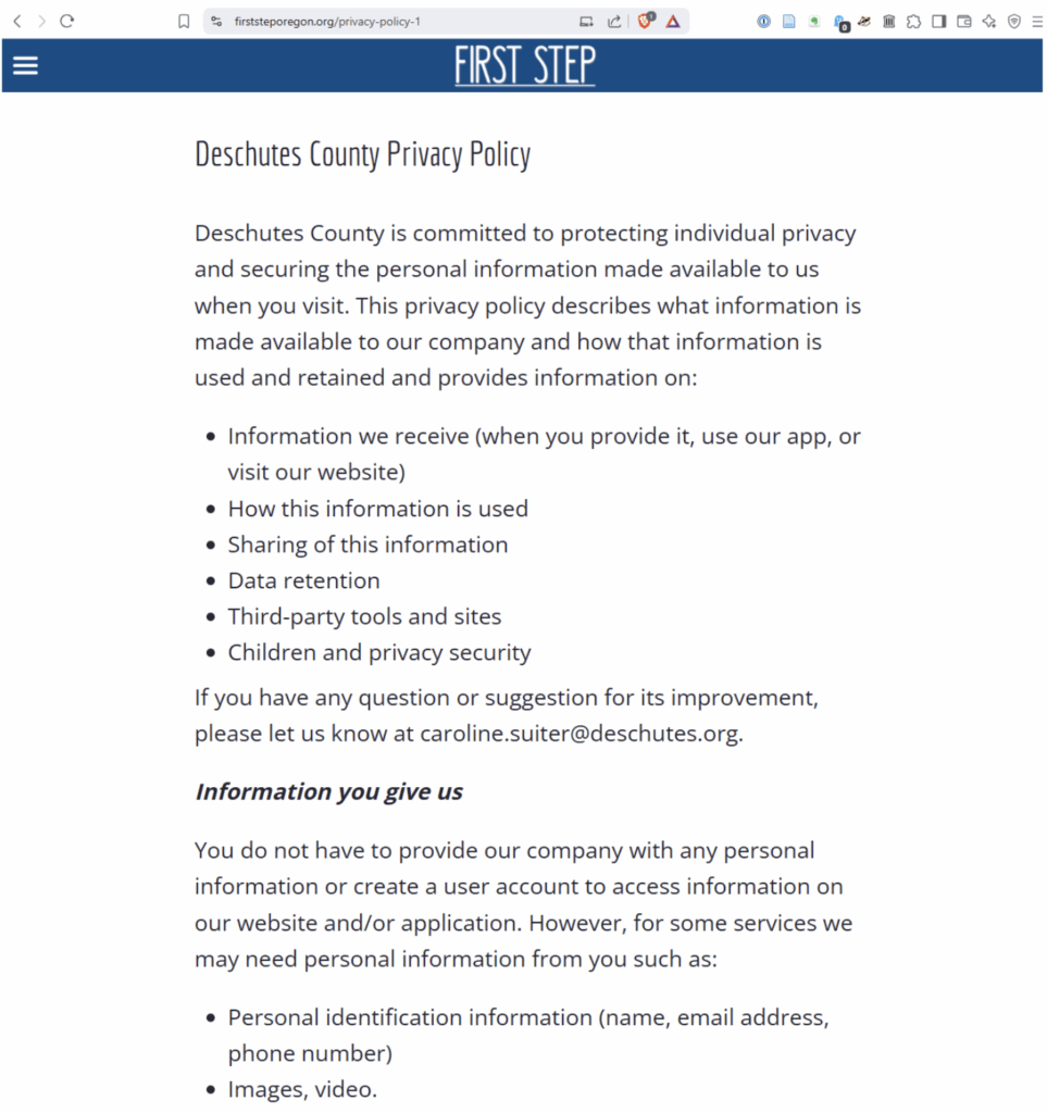 Screenshot of Privacy Policy for First Step Oregon taken from Developer's website.