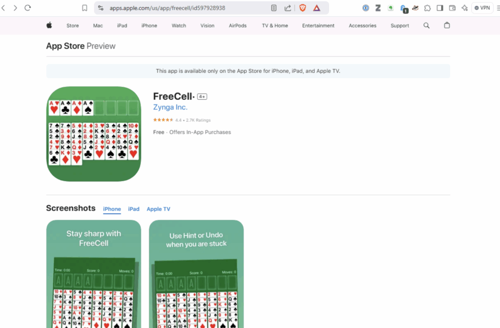 Screenshot of the FreeCell app listing header