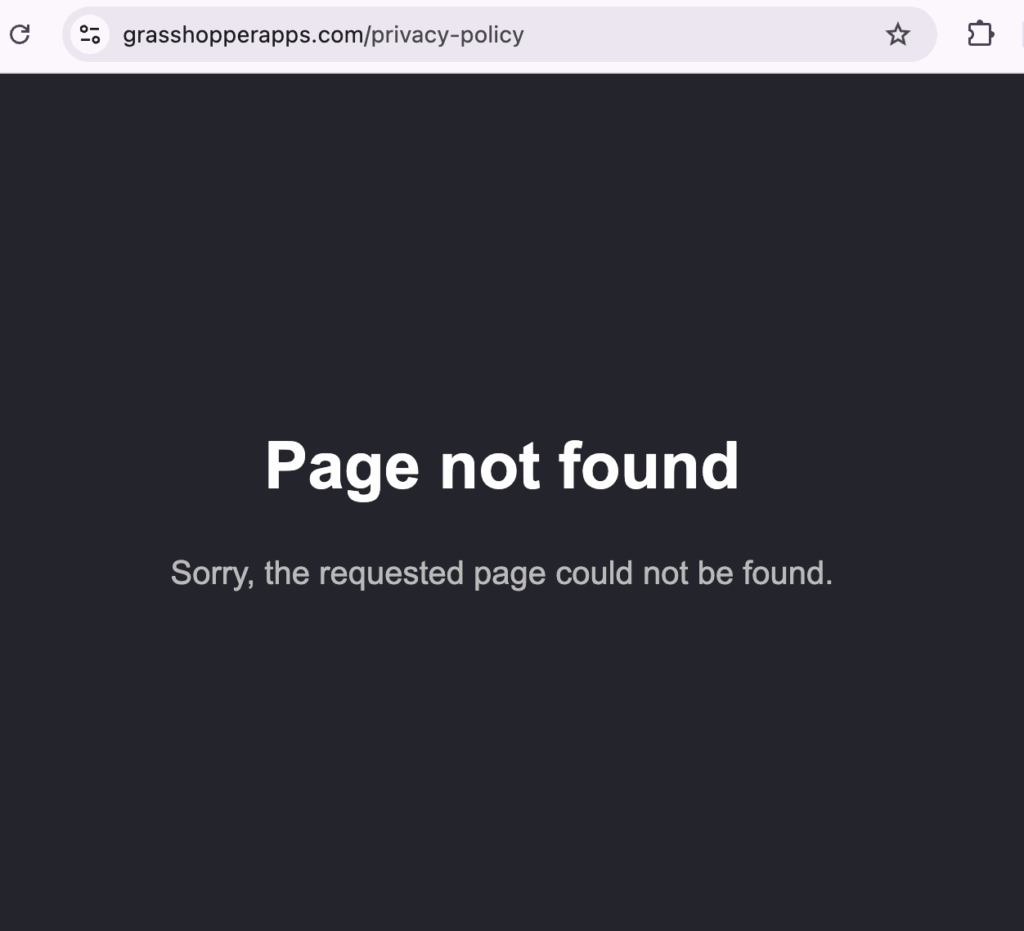 Screenshot of Grasshopper app's privacy policy website not found