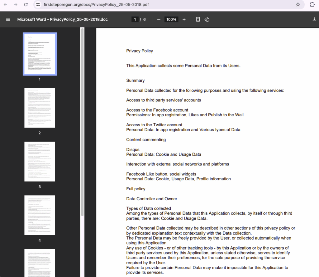 PDF of a privacy policy from a link for app by Will Aitchison