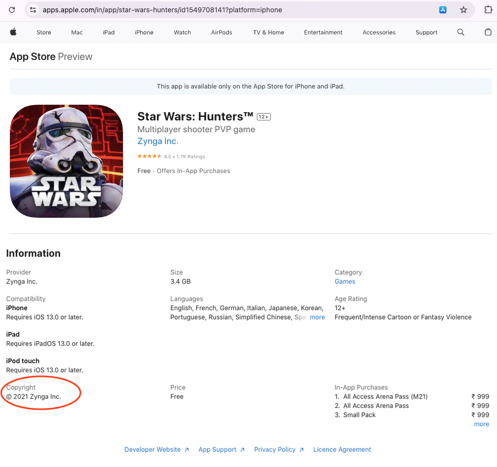 A screenshot of the Zynga app information section in the Apple App Store