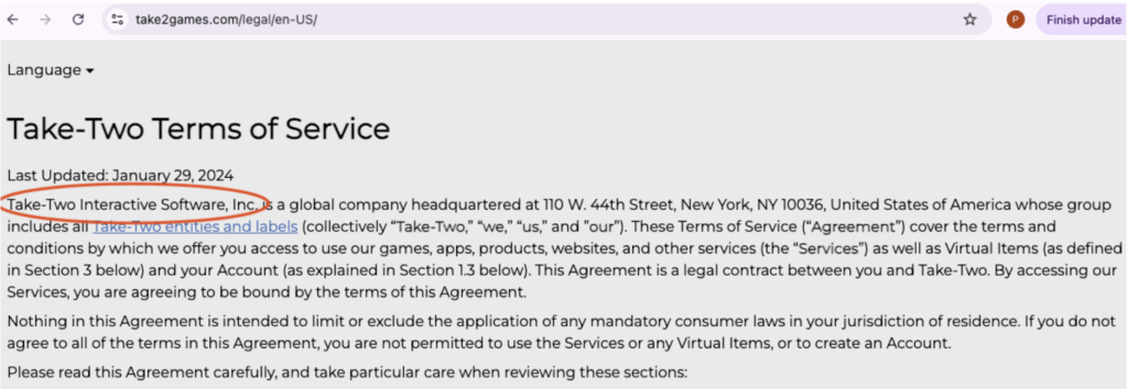 A screenshot of the Boggle Arcade app's Terms of Service